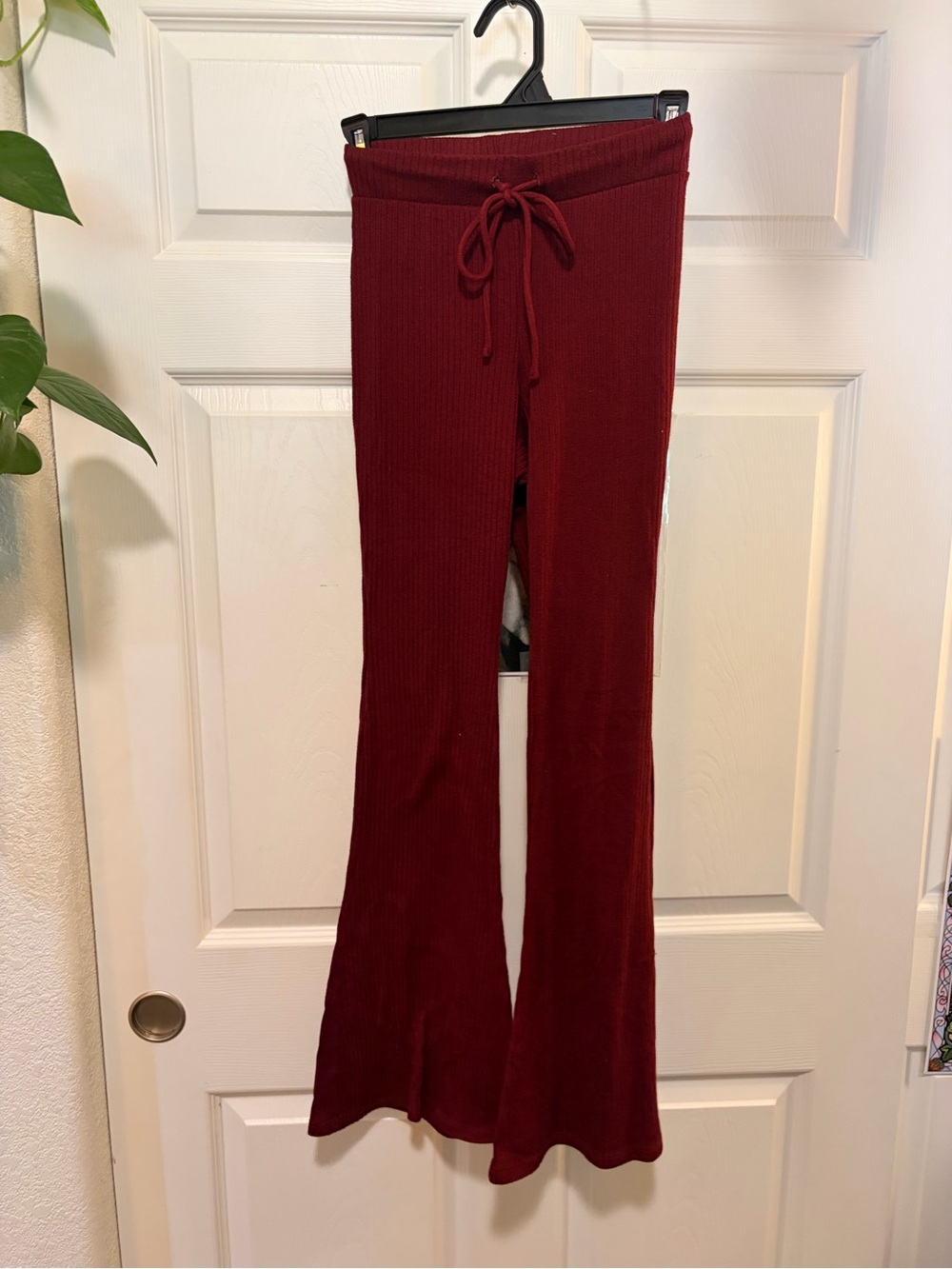 No Boundaries Ribbed Drawstring Flare Pants - Wine Red